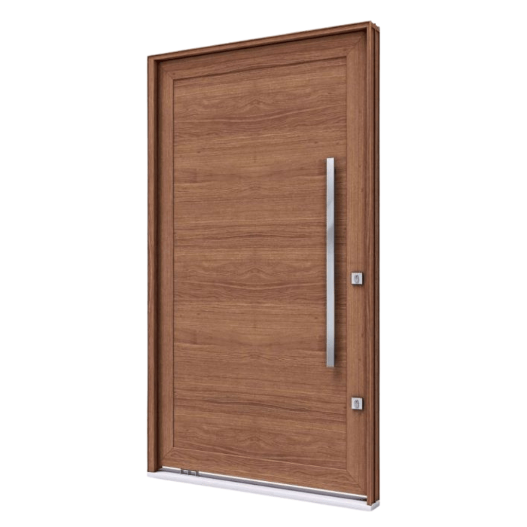 PORTAS DE ALUMÍNIO PIVOTANTE MADEIRA 225 X 130 X 12 PUXADOR INOX FECHADURA ROLETE MULTI PONTO COMPLETA